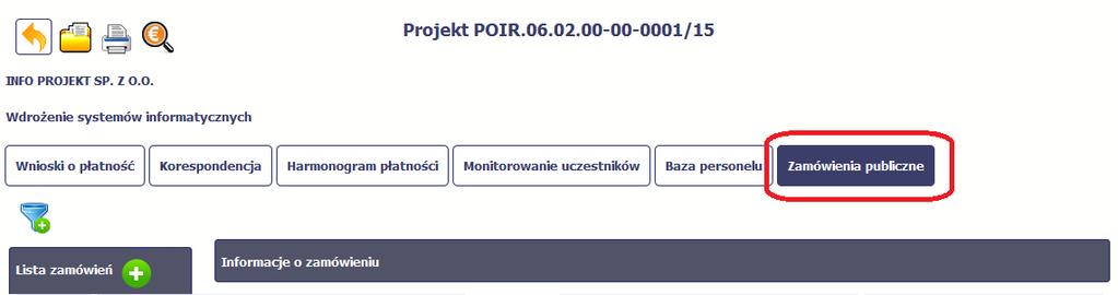 5.1. Ekran główny Ekran widoczny dla Ciebie podzielony jest na 3 zasadnicze sekcje: Lista zamówień Informacje o zamówieniu Informacje o kontrakcie 5.1.1. Lista zamówień Sekcja zawiera numery zamówień publicznych dotychczas zarejestrowanych w systemie.