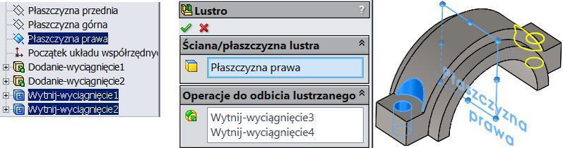 Polecenie Lustro. Istnieją dwie podstawowe możliwości wywołania polecenia: Z wybranymi operacjami i zaznaczoną płaszczyzną przed wywołaniem polecenia (rysunek 5.