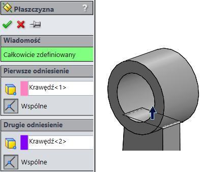 Wybierz krawędzie jak na rysunku 5.39, na pasku Operacje kliknij Pochylenie. Wybierz ściany do pochylenia, płaszczyznę oraz kąt 2 stopnie.