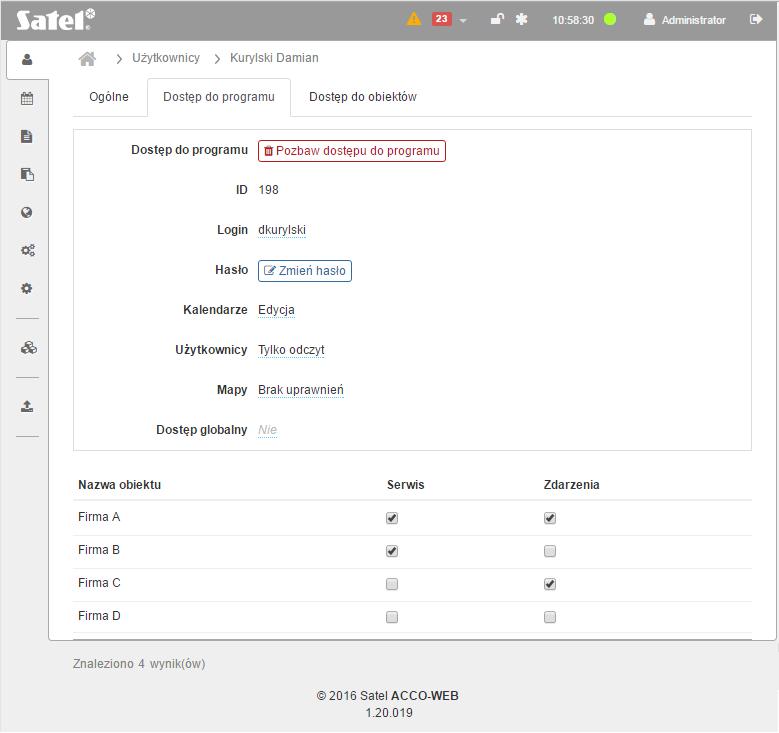 20 ACCO-WEB SATEL Rys. 15. Zakładka Dostęp do programu przykładowego użytkownika. ID numer identyfikacyjny użytkownika. Login nazwa służąca do logowania do programu ACCO Soft oraz aplikacji ACCO-WEB.