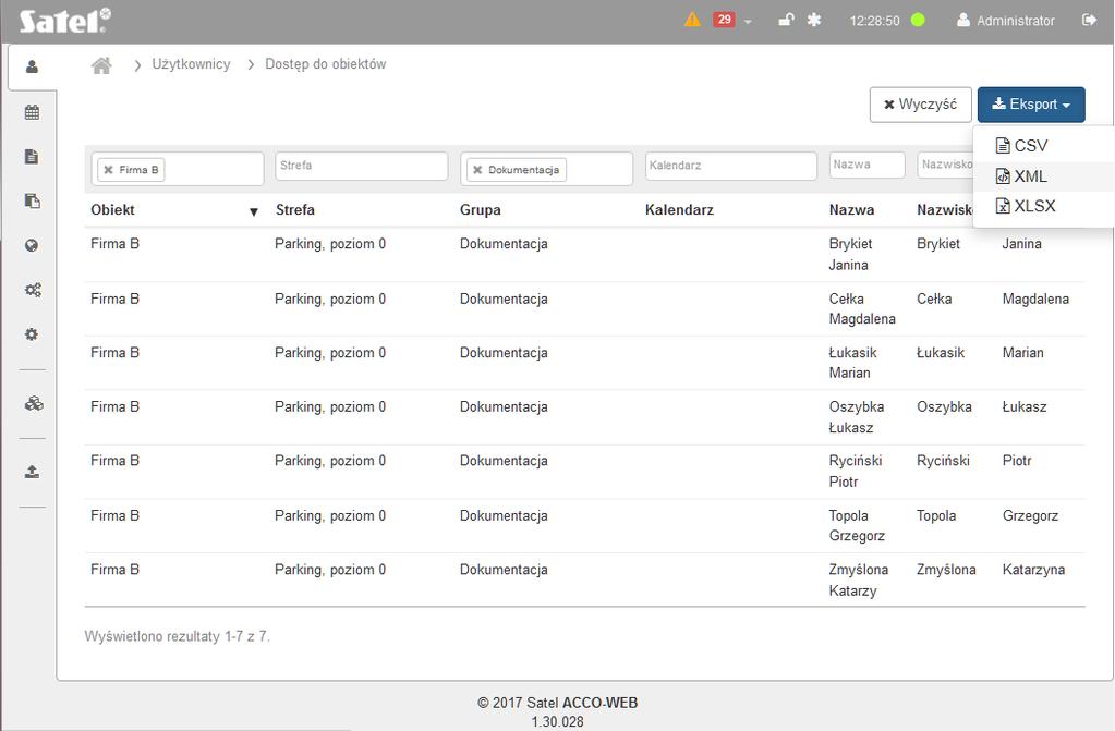 SATEL ACCO-WEB 39 Jeśli skasujesz filtr, pola nad nazwami kolumn staną się puste, a na stronie wyświetli się pełna lista obiektów i użytkowników, którzy mają do nich dostęp. 3.3.3.3 Eksportowanie danych z tabeli Wyświetlane w tabeli dane możesz eksportować do pliku.