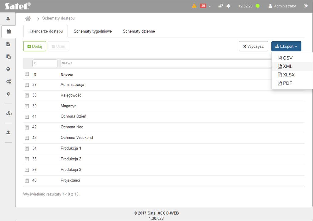 42 ACCO-WEB SATEL Rys. 35. Przykład eksportowania kalendarzy dostępu. 3.4.2 Zakładka Schematy tygodniowe Schematy tygodniowe określają dostęp użytkownika do przejścia na przestrzeni tygodnia.