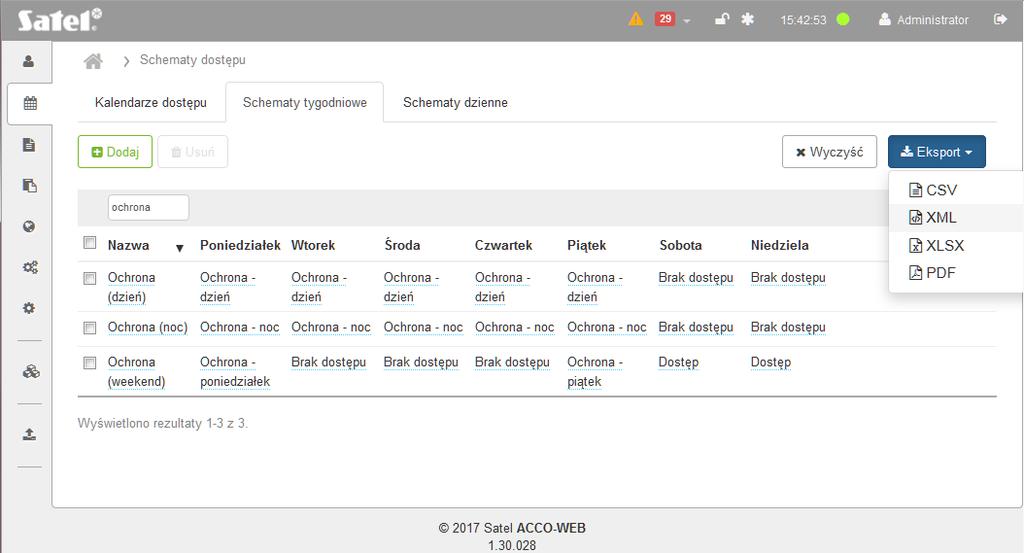 46 ACCO-WEB SATEL Rys. 39. Przykład eksportowania tygodniowych schematów dostępu. 3.4.3 Zakładka Schematy dzienne Schematy dzienne określają dostęp użytkownika do przejścia w ciągu doby.