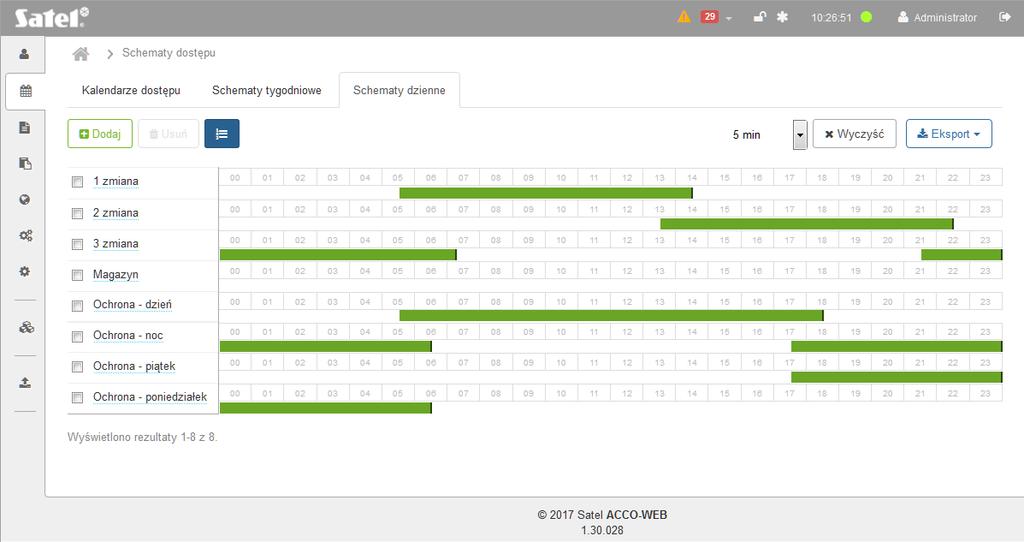 48 ACCO-WEB SATEL Jeśli skasujesz filtr, pole nad nazwą kolumny stanie się puste, a na stronie wyświetli się pełna lista dziennych schematów dostępu.