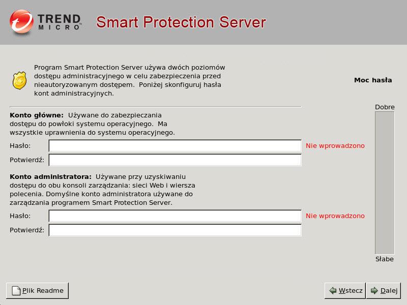 Podręcznik instalacji oraz uaktualniania programu Trend Micro Smart Protection Server 3.1 13. Określ hasła.