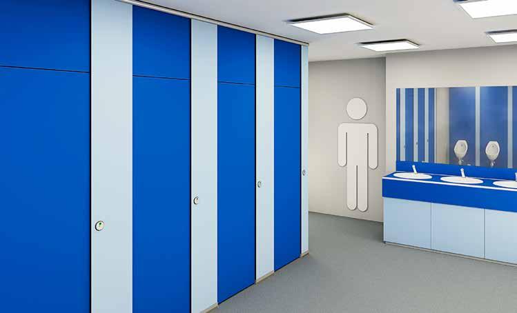 FORMICA W SEKTORZE SZKOLNICTWA Higieniczne i trwałe kabiny do łazienek Ponieważ powierzchnia jest całkowicie zamknięta, dekoracyjne laminaty Formica są nieprzepuszczalne dla cieczy i są bardzo łatwe