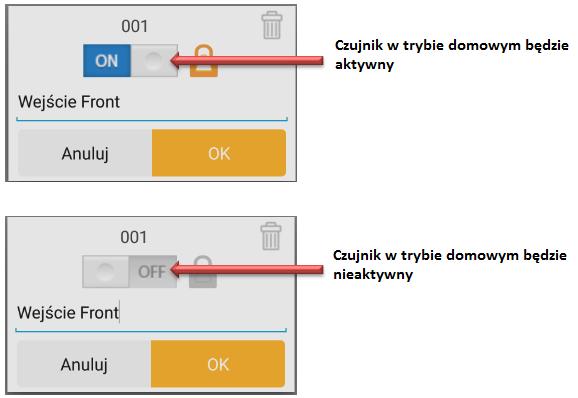 TRYB: W DOMU Tryb w domu [ ], pozwala nam uzbroić centralę pomijając poszczególne czujniki. (Np.