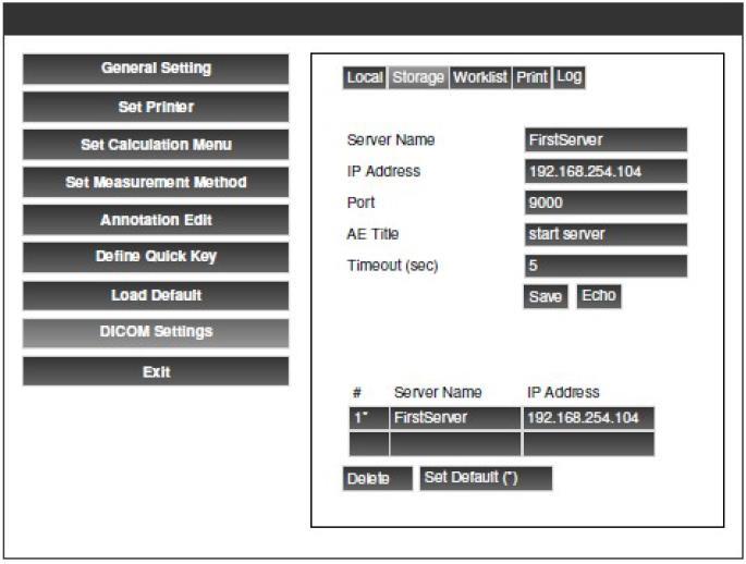 Źródło: Instrukcja Cyfrowy Przenośny Aparat USG Color Doppler SonoScape S8 - na zakładce Storage wprowadź dane serwera na którym zostanie zainstalowana usługa MIUD mmpacs i kliknij przycisk Save.