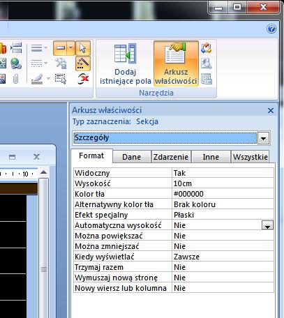 wybierz Szczegóły w oknie właściwości wybierz zakładkę Format Wysokość - 10 cm Kolor tła czarny Zapisz zmiany Pozostałe właściwości powinny pozostać bez zmian, choć można przetestować ich działanie.