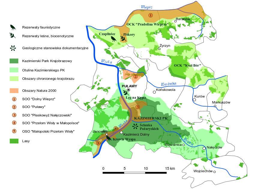 Mapa 5. Wybrane formy ochrony przyrody na obszarze trójkąta turystycznego Kazimierz Dolny Nałęczów Puławy.