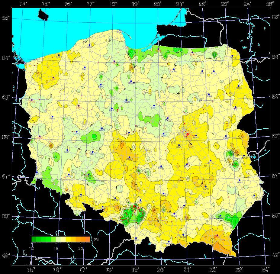 Różnice wysokości Do opracowania różnic wysokości pomiędzy III i IV kampanią użyto 32 398 punktów podstawowej osnowy wysokościowej, Średnia różnica wysokości H EVRF2007 -H Kr86 na obszarze Polski