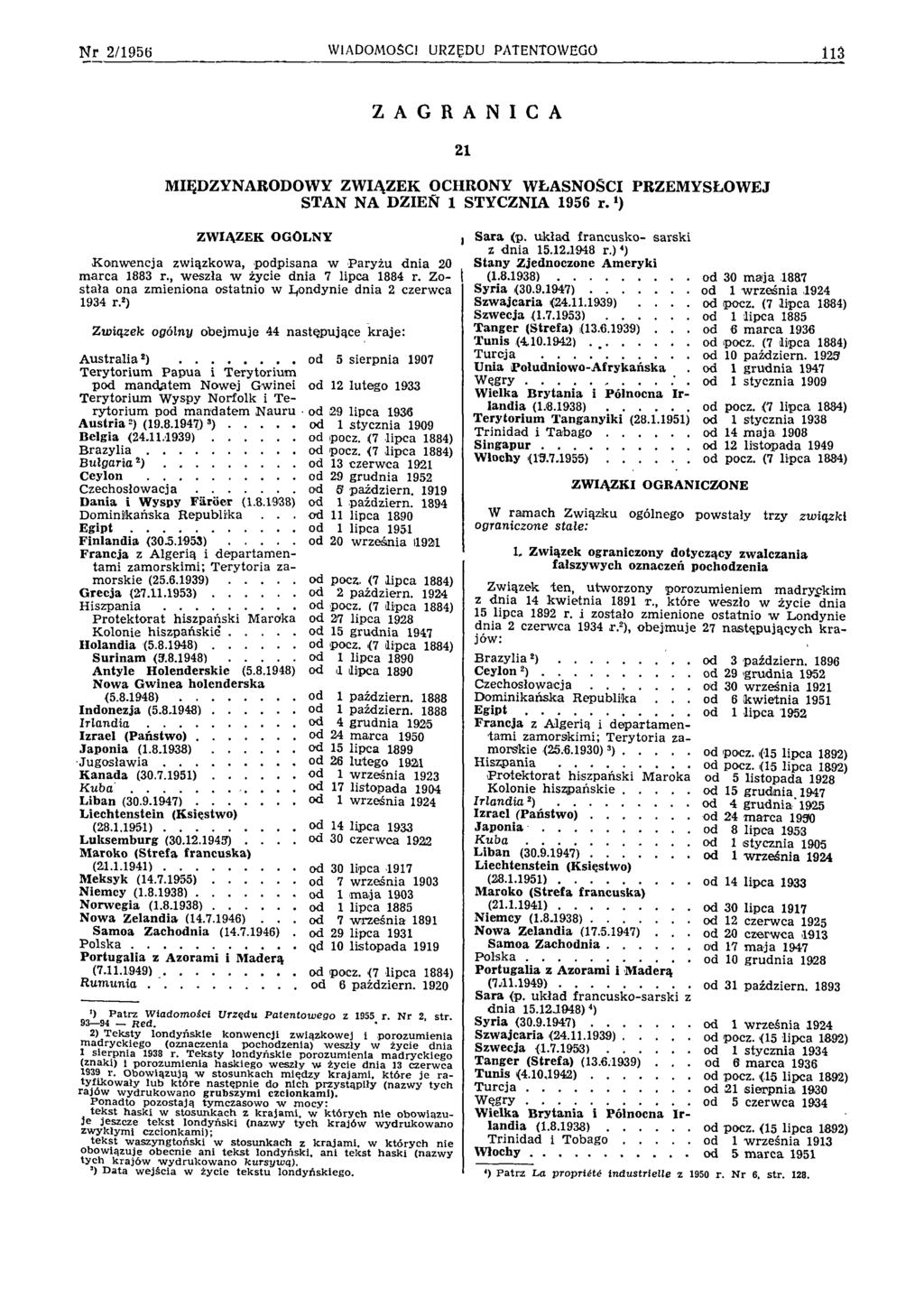 N r 2/1956 WlADOMOŚCl URZĘDU PATENTOWEGO 113 ZAGRANICA 21 MIĘDZYNARODOWY ZWIĄZEK OCHRONY WŁASNOŚCI PRZEMYSŁOWEJ STAN NA DZIEŃ 1 STYCZNIA 1956 r.