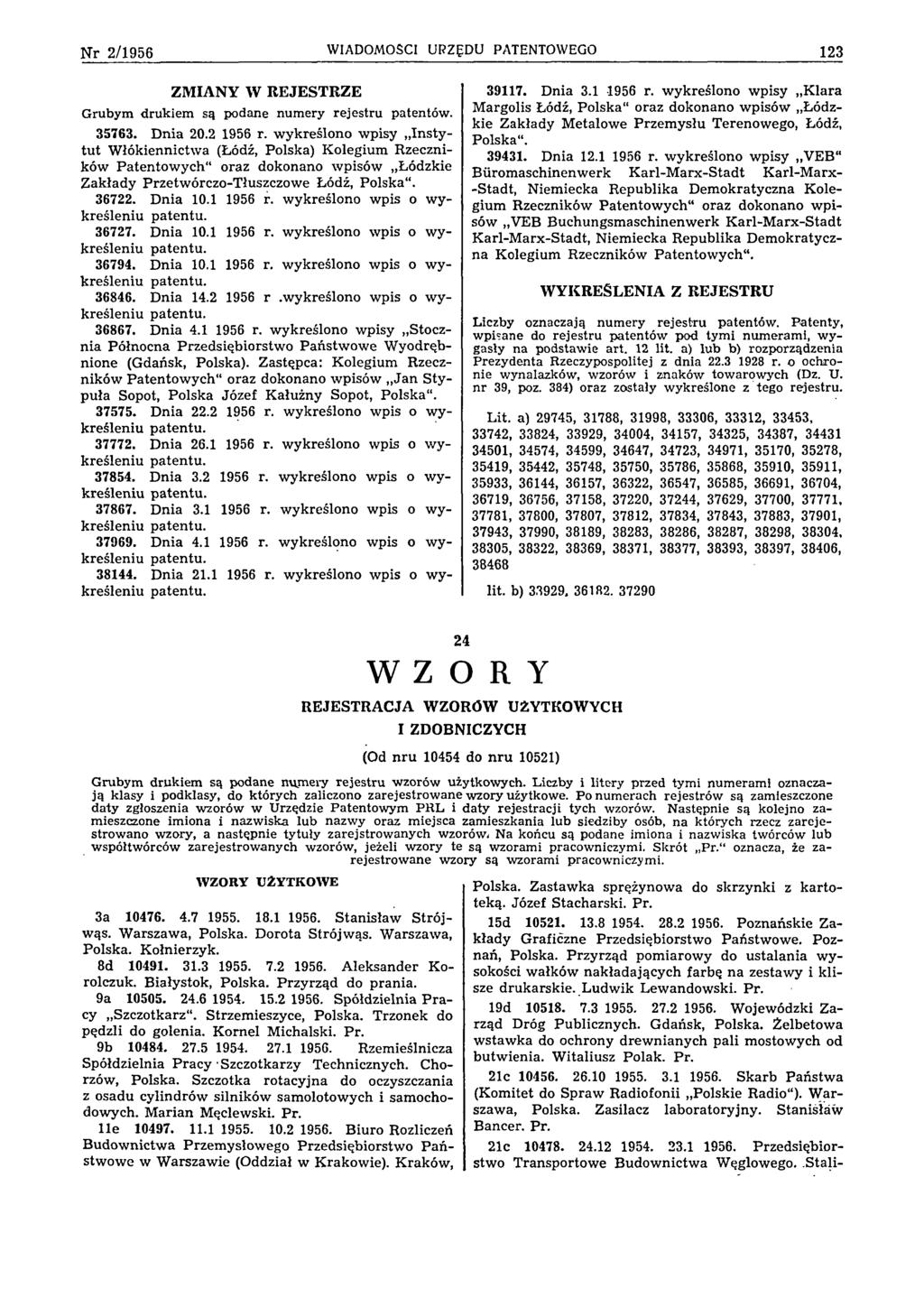 N r 2 /1 9 5 6 WIADOMOŚCI URZĘDU PATENTOWEGO 123 ZM IANY W REJESTRZE G rubym d ru k ie m są podane n u m ery re je stru patentów. 35763. Dnia 20.2 1956 r.