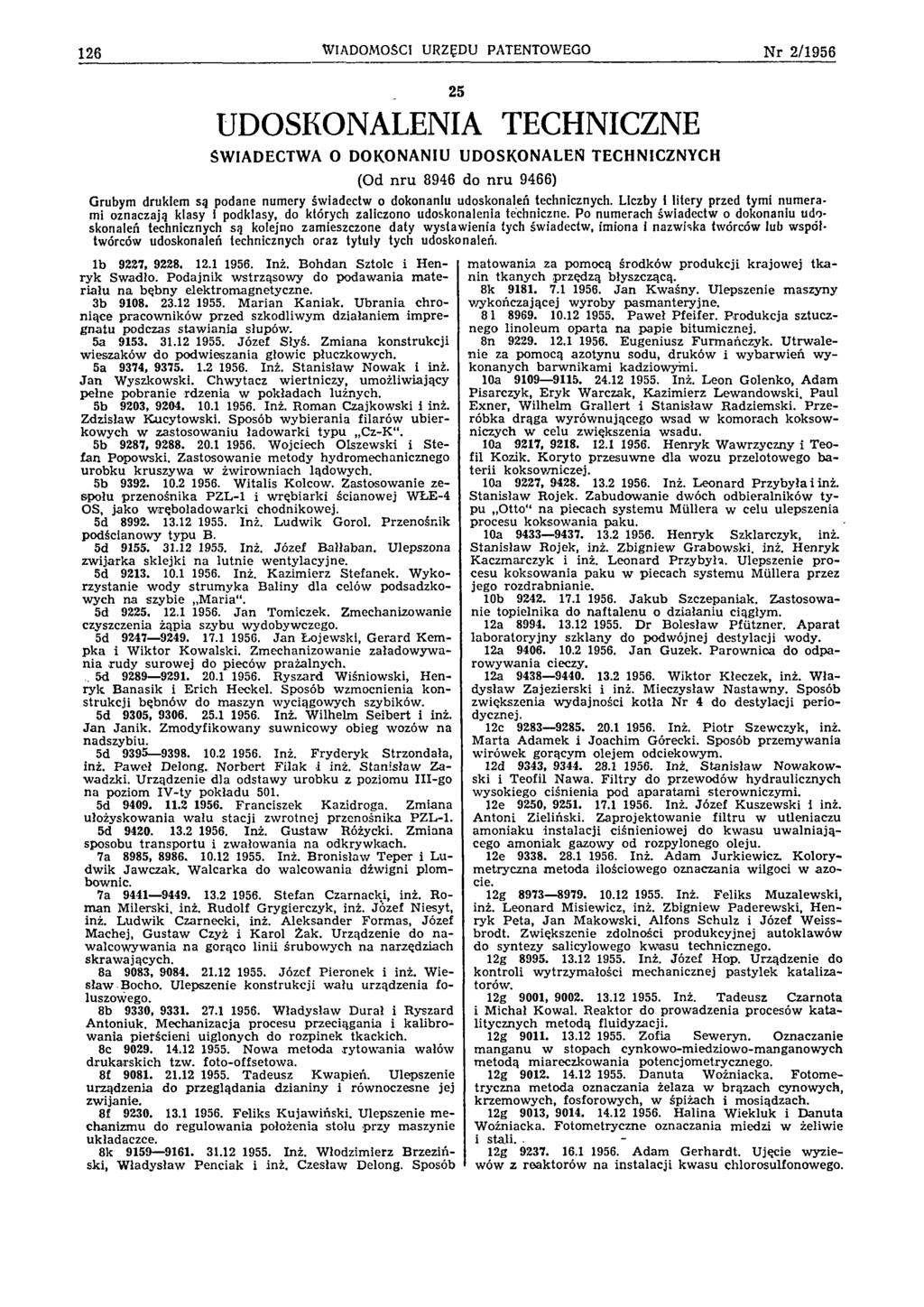126 WIADOMOŚCI URZĘDU PATENTOWEGO N r 2 /1 9 5 6 25 UDOSKONALENIA TECHNICZNE ŚWIADECTWA O DOKONANIU UDOSKONALEŃ TECHNICZNYCH (Od nru 8946 do nru 9466) Grubym drukiem są podane numery świadectw o
