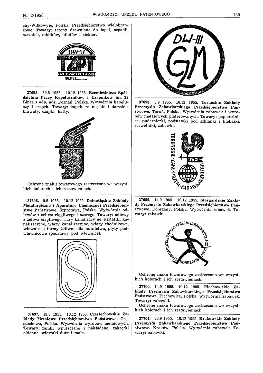 N r 2 /1 9 5 6 WIADOMOŚCI URZĘDU PATENTOWEGO 139 chy-w ilkowyje, Polska. Przedsiębiorstwo wielobranżowe. Towary: trzony drewniane do łopat, szpadli, szczotek, młotków, kilofów i siekier. 37695. 30.