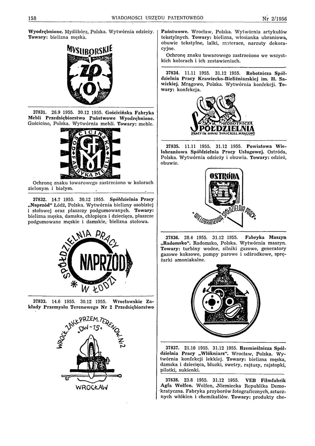 158 WIADOMOSCI URZĘDU PATENTOWEGO N r 2 /1 9 5 6 Wyodrębnione. Myślibórz, Polska. Wytwórnia odzieży. Towary: bielizna męska. Państwowe. Wrocław, Polska. Wytwórnia artykułów tekstylnych.