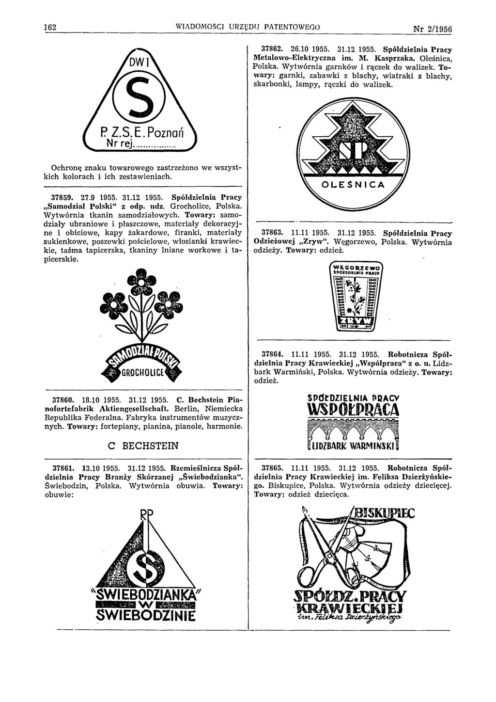 162 WIADOMOŚCI URZĘDU PATENTOWEGO N r 2 /1 9 5 6 37862. 26.10 1955. 31.12 1955. Spółdzielnia Pracy Metalowo-Elektryczna im. M. Kasprzaka. Oleśnica, Polska. Wytwórnia garnków i rączek do walizek.