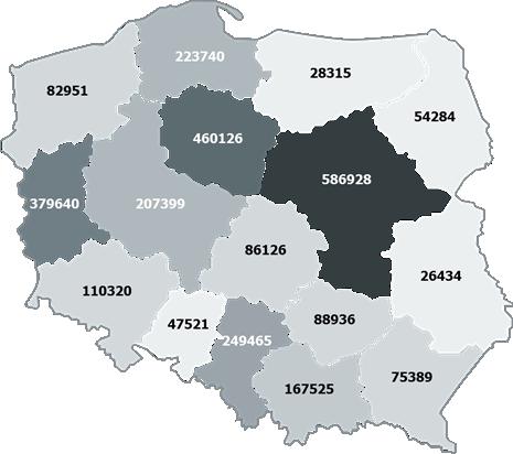 57 DOTARCIE PUBLIKACJI Mapa prezentuje liczbę potencjalnych kontaktów z informacjami zawartymi w mediach regionalnych w