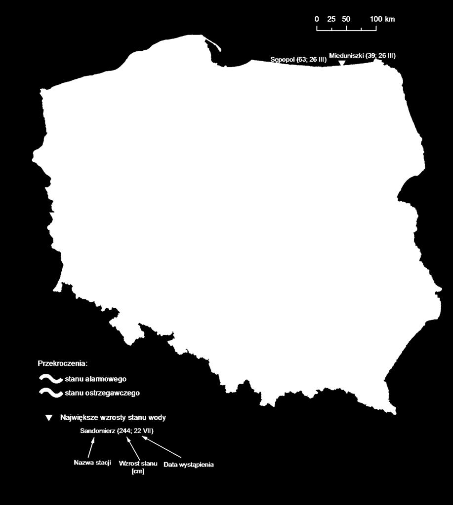 4. Przekroczenia stanów ostrzegawczych i alarmowych oraz najwyższe dobowe wzrosty stanu