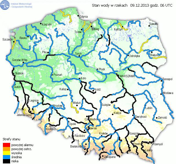 INFORMACJE HYDROLOGICZNO METEOROLOGICZNE Stan wody na głównych rzekach Polski Prognoza pogody dla Polski na dzień 10.12.2013 r.