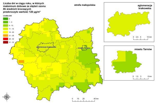 Informacja o stanie środowiska Mapa 6. Poziom celu długoterminowego dla ozonu kryterium ochrony zdrowia Źródło map: Ocena jakości powietrza w województwie małopolskim w 2017 roku 2.