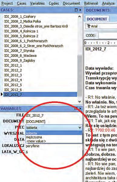 Wykorzystanie programu komputerowego QDA Miner 55 właściwych wartości zmiennych, w tym celu należy najechać kursorem na wartość danej zmiennej, po kliknięciu powinna rozwinąć się lista dostępnych