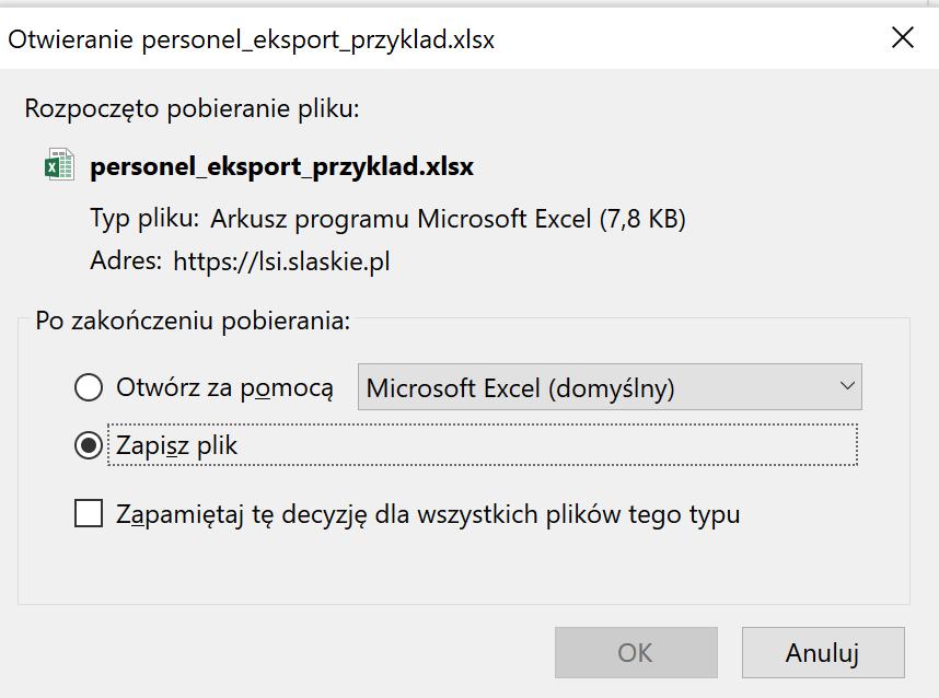 Po kliknięciu w Eksport i import XLSX rozwinie się lista- wybierz: Pobierz przykład.