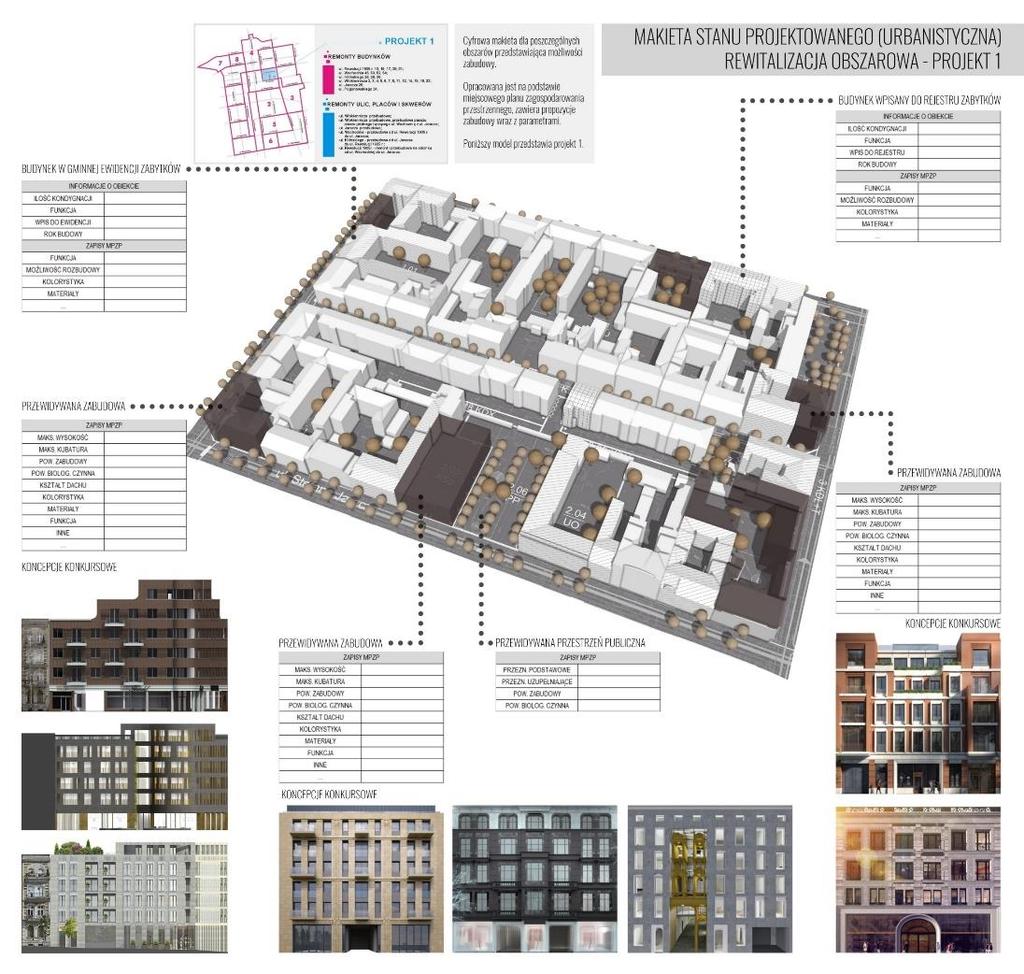 Budynki istniejące oraz projektowane zgodne z zapisami miejscowych planów