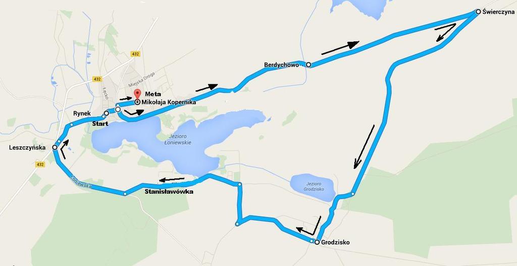 Mapka trasy: Trasa VIII RPN prowadzi z Osiecznej przez Berdychowo, Świerczynę, Grodzisko, Stanisławówkę z powrotem do Osiecznej. Długość jednego okrążenia to ok. 15km.
