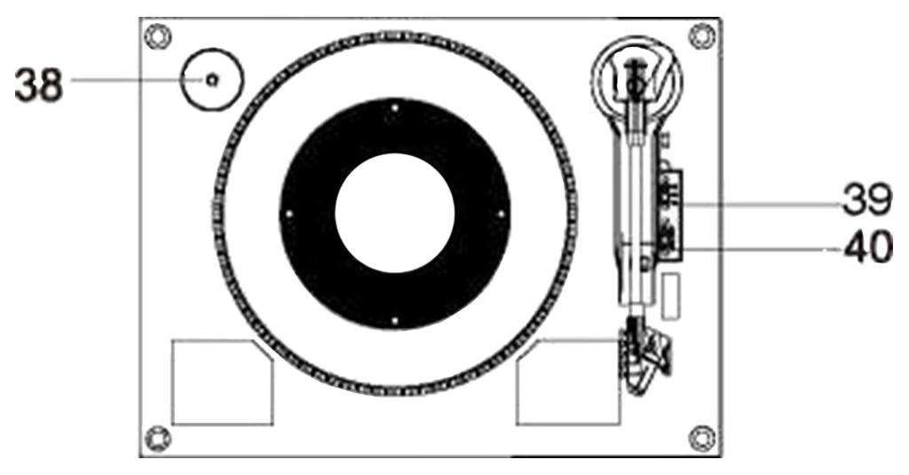 HU HÁTSÓ PANEL 34. FM antenna 35. Fülhallgató 36. DC 12V bemenet 37. AUXIN aljzat LEMEZJÁTSZÓ 38. Lemez adapter 39. Sebesség választó gomb (33/45/78 rpm) 40.