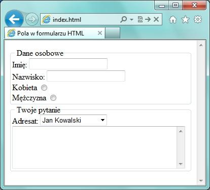 Pola w formularzu HTML Zaprojektujemy prosty formularz kontaktowy do umieszczenia na stronie.