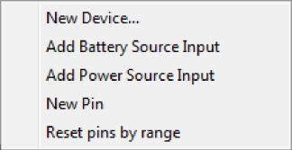 New pin - nadanie numeru wejścia analogowego dla pojedynczego kontaktu Reset pins by range - nadanie kolejnych numerów