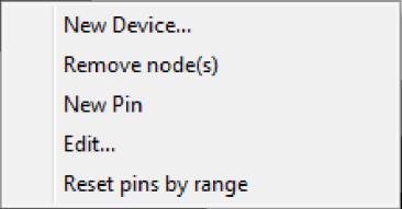 New device - dodaj nowe urządzenie do spisu Remove node(s) - usuo wejście/wyjście New pin - dodaj nowy numer wejścia/ wyjścia dla pojedynczego kontaktu Edit - zmieo numer wejścia/ wyjścia Reset pins