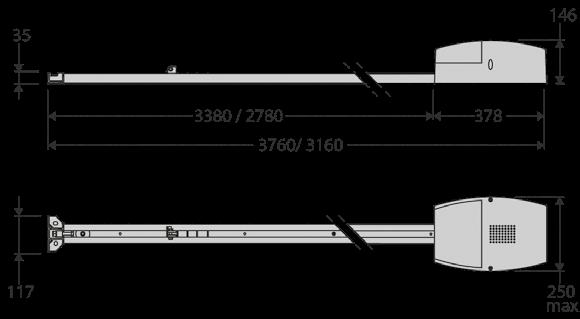 Napędy garażowe Model Siłownika Parametr BOTTICELLI 800 Zasilanie 30V ±10% 50 Hz Silnik 4 V Moc pobierana 180 W Siła 800 N Wbudowane oświetlenie TAK - typu LED Prędkość pracy 5,0 m/min Wykrywanie