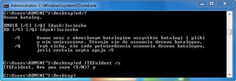 Krok 12 W wierszu polecenia wpisz cls, a następnie naciśnij Enter. Wpisz rd ITEfolder1 a następnie naciśnij klawisz Enter. Jaki komunikat otrzymałeś? Wpisz rd/?