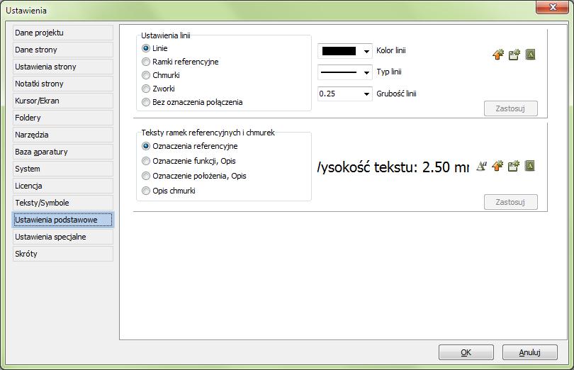 1.5 Ustawienia podstawowe Jest to nowa zakładka, na której możesz zmienić swoje własne podstawowe ustawienia dotyczące różnych rodzajów linii i tekstów.