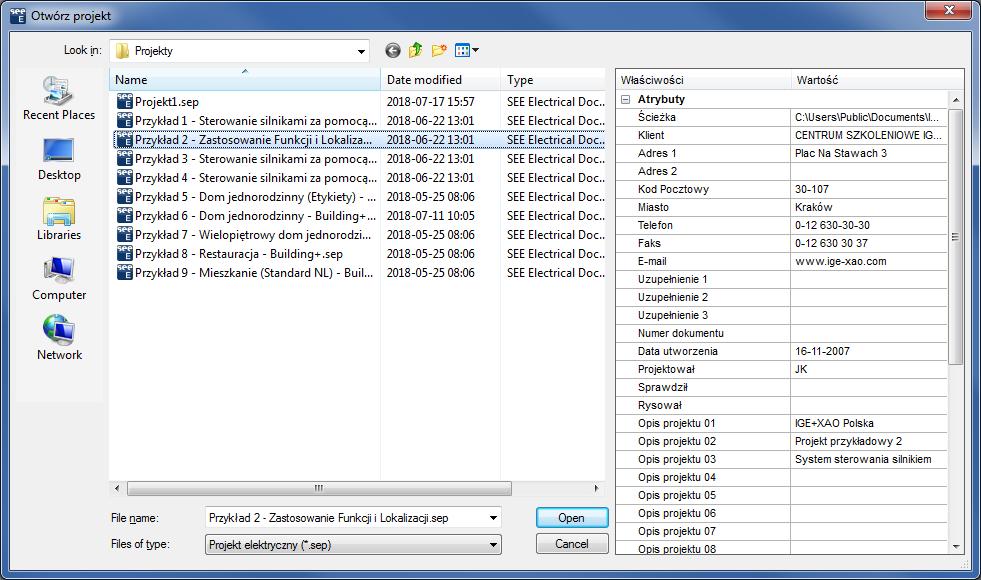 Lewa część okna zawiera listę projektów znajdujących się w folderze C:\Users\Public\Documents\IGE+XAO\SEE Electrical\V8R2\Projekty.