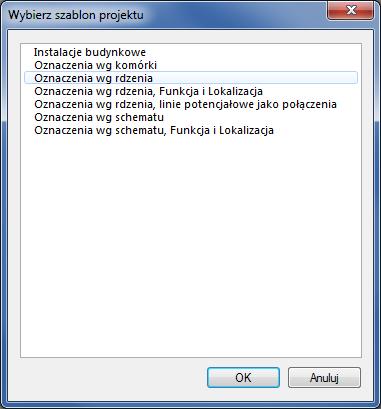 6.> <Szablon>. 7.> Kliknij OK. Wybierz szablon projektu Oznaczenia wg rdzenia. Szablon projektu zawiera różne definicje dotyczące sposobu utworzenia i przetwarzania projektu np.