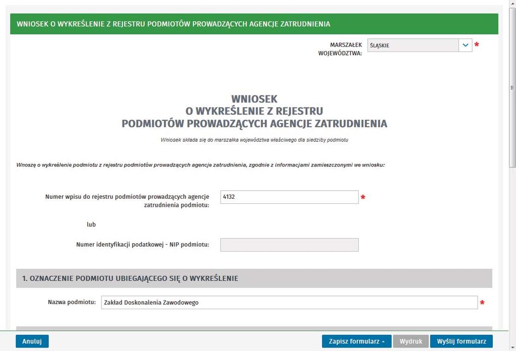 Usługi elektroniczne urzędów pracy Składając wniosek po zalogowaniu się użytkownika na swoje konto w module praca.gov.pl w kontekście organizacji, zostanie on zasilony inicjalnie danymi organizacji.