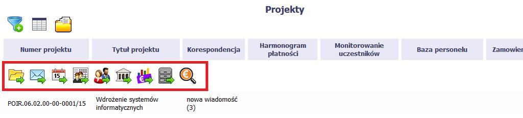 W tabeli zawierającej informację na temat Twoich projektów dostępny jest pasek narzędzi czyli ikon