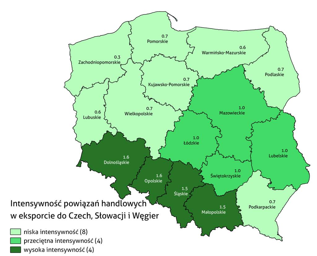 7.3. Południowi sąsiedzi Czechy, Słowacja i Węgry W kategorii wymiany handlowej z krajami położonymi najbliżej południowej granicy Polski dostrzega się zdecydowaną dominację województw południowych,
