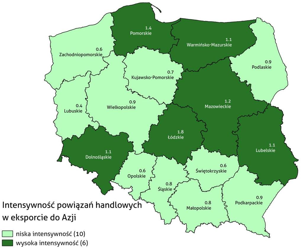 7.5. Azja i Afryka Eksport do krajów azjatyckich stanowi jedynie 6% ogółu wartości polskiego eksportu i jednocześnie jest dosyć nierównomiernie rozłożony pomiędzy poszczególne województwa.