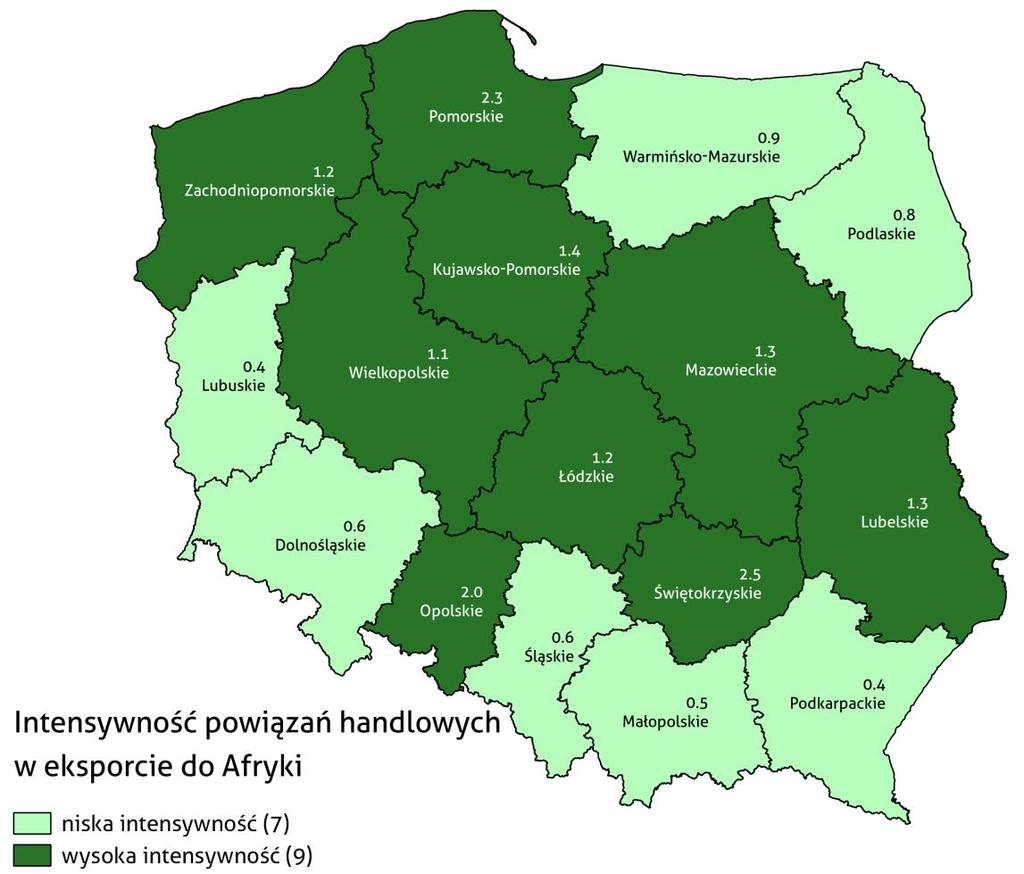 Rys. 27. Intensywność powiązań handlowych w eksporcie do Afryki w 2016 roku. Źródło: opracowanie własne na podstawie danych z Izby Celnej.