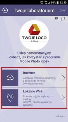 2. Wybór Serwera dla wysyłania zlecenia korzystanie z Internetu Klienta lub lokalnego Wi-Fi w Twoim