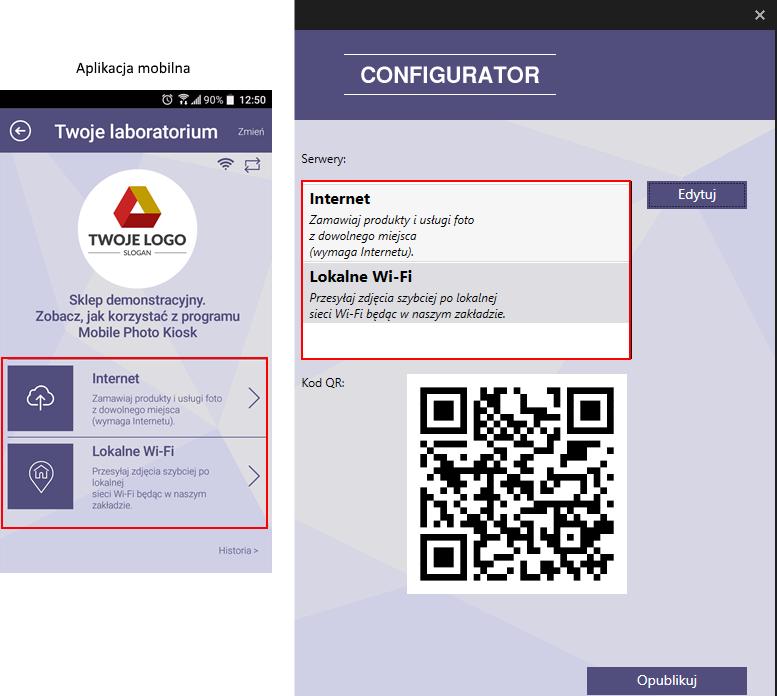 Po prawej stronie okna Mobile Photo Kiosk Configurator znajdują się Serwery (kanały dostępu) dla składania zamówień przez Twoich Klientów, domyślnie: Internet oraz Lokalne Wi-Fi.