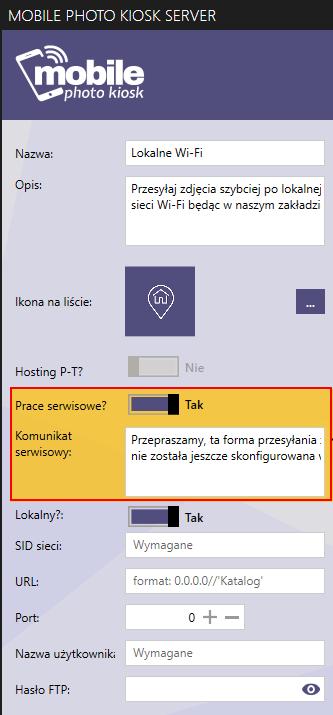 Aby włączyć Serwer Lokalne Wi-Fi przesuń suwak w polu Prace serwisowe? na pozycję [Nie] i dokonaj odpowiedniej konfiguracji.