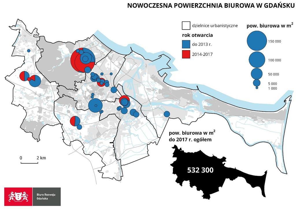 Ryc. 12 Nowoczesna powierzchnia biurowa w Gdańsku na koniec 2017 r. Źródło: Opracowanie własne. Rangą metropolitalną charakteryzuje się też większość centrów handlowych, tzw.