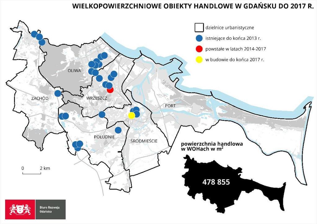 Ryc. 13 Wielkopowierzchniowe obiekty handlowe w Gdańsku Źródło: opracowanie własne.