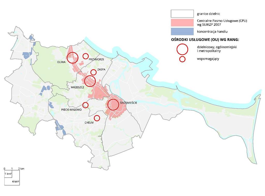 Ryc. 14 Ośrodki usługowe, pasma i koncentracje handlu w 2017 r. Źródło: Opracowanie własne na podstawie SUiKZP miasta Gdańska 2018.