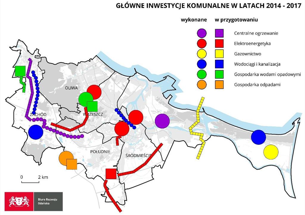 Ryc. 17 Główne inwestycje komunalne w Gdańsku Źródło: opracowanie własne W związku z opracowywaniem Studium uwarunkowań i kierunków zagospodarowania przestrzennego miasta Gdańska, w 2017 r.